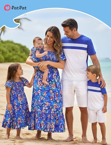 Image of PATPAT Family Matching Outfits Mommy and Me Dresses Floral Dress & T-Shirts | Mommy and Me Easter Dresses, Puff Sleeve Floral Sundress, Cotton Blend T-shirts, Couples Party Wedding Vacation Outfits
