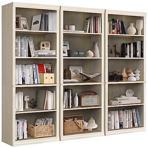 Vikiullf 3 Pieces Bookshelves - Wood Tall Bookcase with 5 Storage Shelves, Freestanding Display Book Shelf for Living Room, Home Library, Office, White Wood Grain
