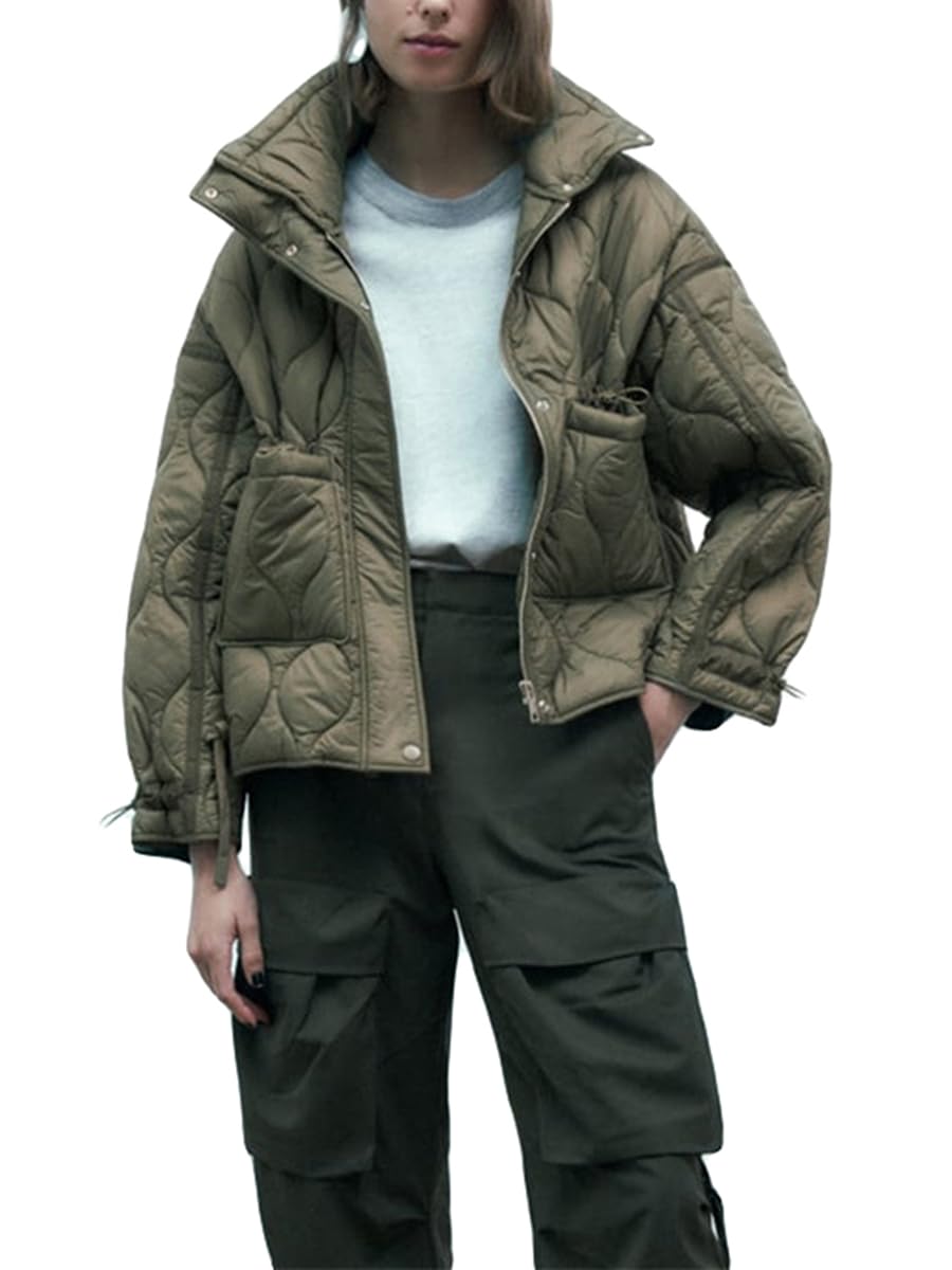 Damen Steppjacke Leichte Zip Up Langarm wattierter Mantel Stehkragen Pufferjacke Winter Daunenjacken Oberbekleidung mit Taschen