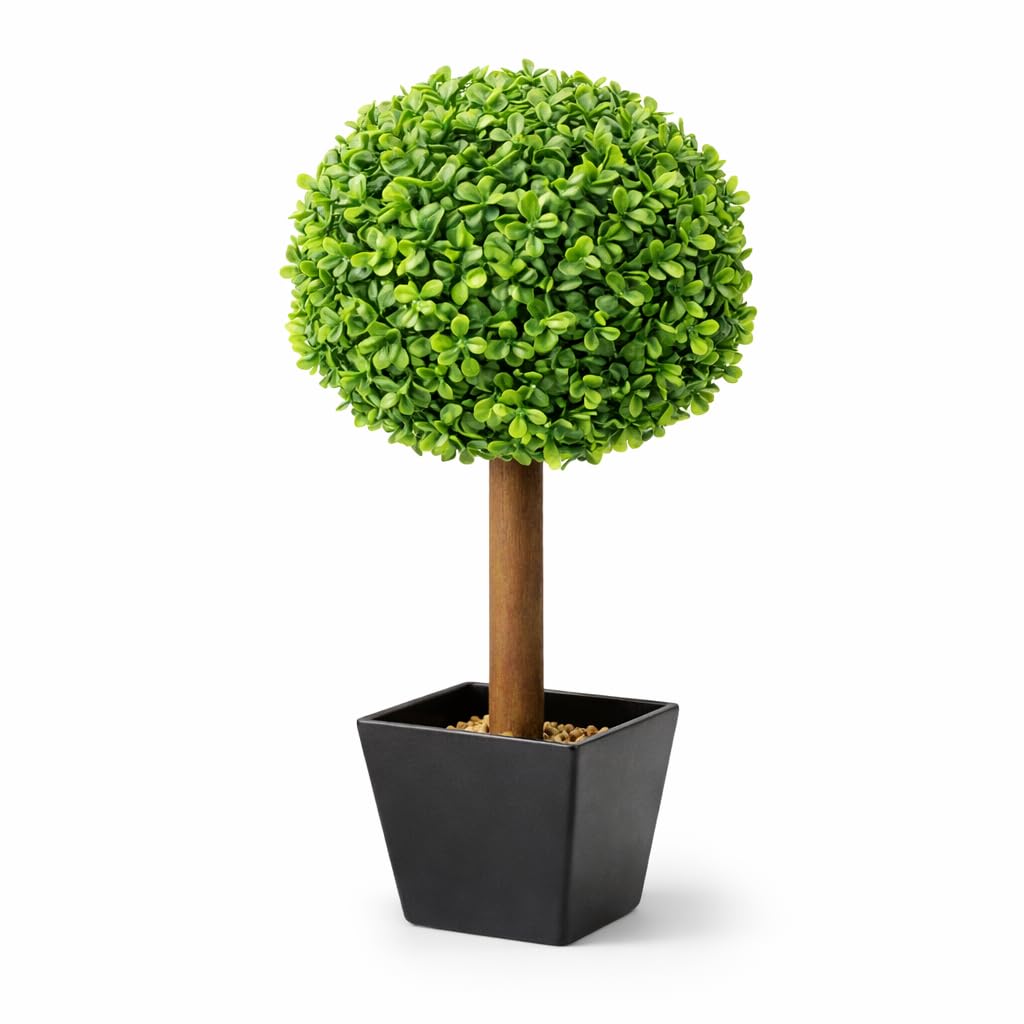 Metro Garden 42cm Artificial Topiary Ball Tree in Black Pot – Small Tabletop Boxwood Tree for Home, Office, Console Table & Event Decor