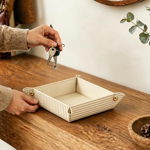 Image of YAPISHI Light Luxury Valet Tray for Men, PU Leather Vanity Jewelry Tray & Decorative Perfume Catchall, Folding Travel EDC Dump Tray, Nightstand Organizer Caddy for Keys, Watches, Coin Bowl Dish