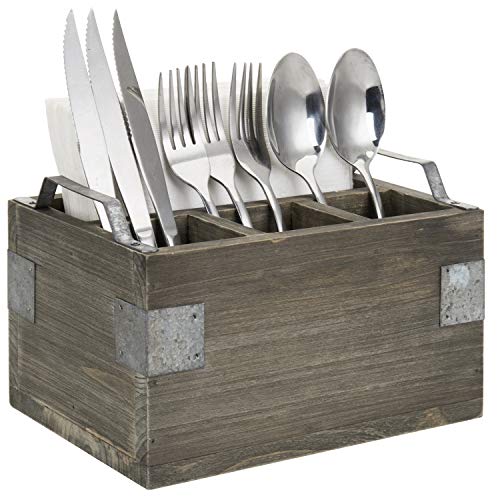 MyGift Vintage Reclaimed Style Gray Wood Utensil and Napkin Holder Serving Caddy with Rustic Galvanized Metal Handles and Corner Wrap Accents