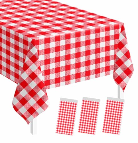 Image of SietDESEO 3 Pack Red Gingham Tablecloth Rectangle 54 x 108 Red and White Checkered Table Cloth Disposable Plaid Table Cover Plastic for Birthday Baby Shower Picnic Wedding Party Supplies