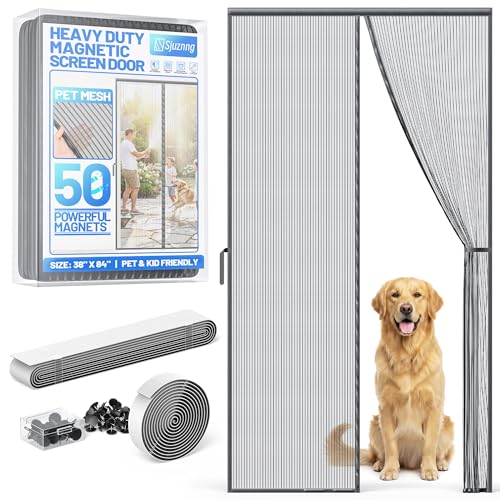 Heavy Duty Magnetic Screen Door Mesh - Auto-Sealing Door Net Screen with 50 Magnets Pet & Kid Friendly PET Fine Mesh Doors Screens Keep Bugs Out Fits Front Doors Size 36x82 - Screen Size 38x84