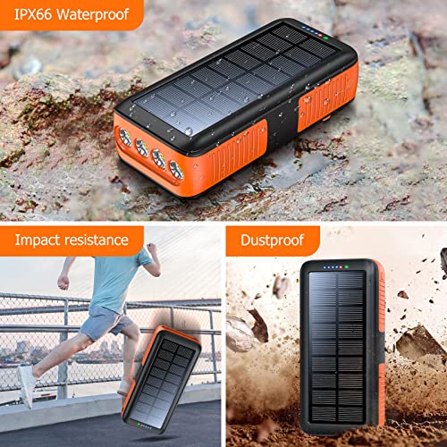 boogostore Solar Charger Power Bank 27000mAh, Portable Charger with 4 Output & 3 Input 4 LEDs Flashlight, Hand Crank Power Bank Fast Charging Battery Pack for Outdoor Camping Survival Gear (Orange) - Image 4