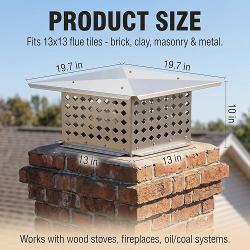 GarveeTech 13"x13" Chimney Cap, 304 Stainless Steel Animal Leaves Guard, Easy Bolt-On Install No Tools, Adjustable Metal Strips Bolts Screws, Coastal Rain Guard Oil/Coal Flue, Roof Protector by GarveeTech - Image 2