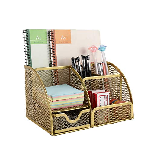 Superbpag Mesh Desk Organizer Office Supply Caddy Collection with Drawer and Pen Pencil Holder,Gold