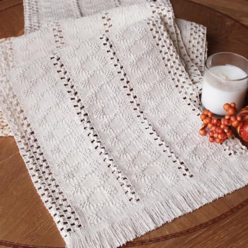 FEXIA Boho Table Runner with Tassels White for Fall Home Decor 12x36 Inch | 36 Inches White Modern Farmhouse Rustic Burlap Table Decoration for Bedroom Living Kitchen Dining Room Baby Bridal Shower