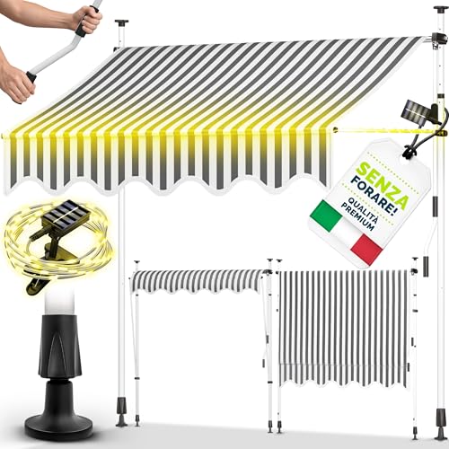 tillvex Tenda da Sole a Bracci con Manovella | Protezione Balcone, Regolabile, Senza Forare, a Manovella | Tenda resistente per Esterno (200cm, Grigio/Bianco con LED)