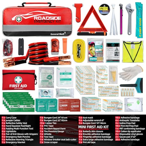 General Medi 127-Pieces Roadside Car Emergency Kit Include Mini First Aid Kit, Jumper Cables,Tow Rope, Bandage, Safety Vest, Emergency Triangle, All in One Pack