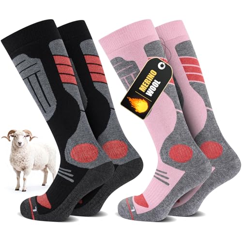 SukModen 2 Pares Calcetines Esquí Lana Merino Para Damas y Caballeros, Lana Cálida Térmicos Calcetines De Invierno Gruesos Para Clima Frío, Nieve, Esquí, Snowboard, Caza, Senderismo​