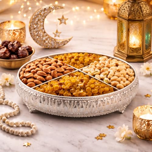 Image of German Silver Decorative Tray with Legs Stand | Round 8 inch Serving & Pooja Thali | Premium Embossed Design | Home Decor & Festive Gift Tray
