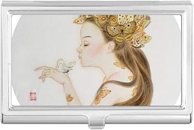 Pretty Girl Butterfly Chinese Painting Business Card Holder Case Pocket Box Wallet