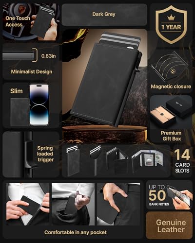 typecase Mens Wallet Card Holder: Pop Up Aluminum Case, Premium Genuine Leather, Smart, RFID Blocking, Slim, Minimalist, Front Pocket - 9-14 Card Capacity | ID Window | Cash Slot - Dark Black2