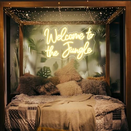 Image of Welcome to the Jungle LED Neon Signs Warm White Neon Lights for Wall Decor USB Light Up Sign For Garden Home Porch store Christmas Living Room Bar Decoration(16.5 * 11Inch)