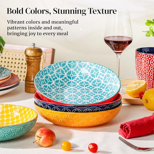 DOWAN Ciotole per Pasta dai Colori Vivaci, Grandi 20,5 cm, in Porcellana Set di 4, Ciotole per Pasta, Insalata, Zuppa, Farina d'Avena, Motivo Misto - immagine 4