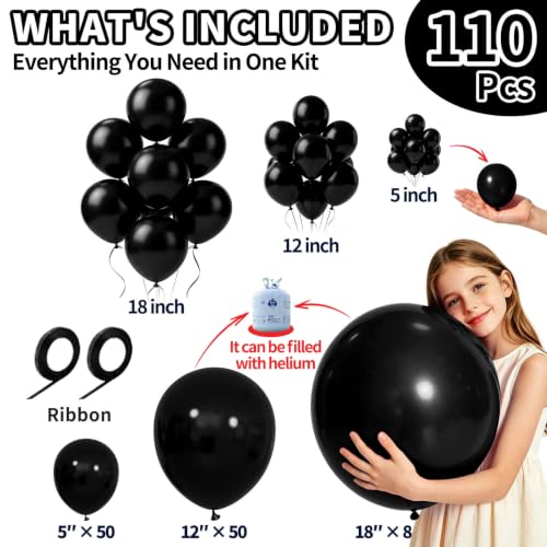 Black Balloon Arch Kit 111 Pcs, 18/12/5 Inch Black Latex Balloons Garland with Different Sizes, DIY Balloon Decorations for Birthday Party, Wedding, Baby Shower, Graduation, Anniversary & Halloween - image 4