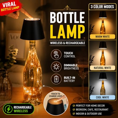 Image of ANKRI Wireless Bottle Lamp Combo LED 3 Colour Tones with Dimming | Touch Sensor On /Off | Night Light Lamp for Cafe Restaurant Home Living Room | 15 cm | USB Rechargeable | Black & White | Pack of 2