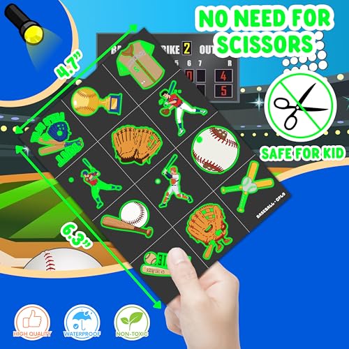 Image of 96 PCS Baseball Pre-Cut Luminous Glow in the dark Temporary Tattoos | Super Cute Baseball Themed Birthday Party Favors, Supplies, Decorations, Sports Fake Tattoo Stickers Gifts for Boys Girls