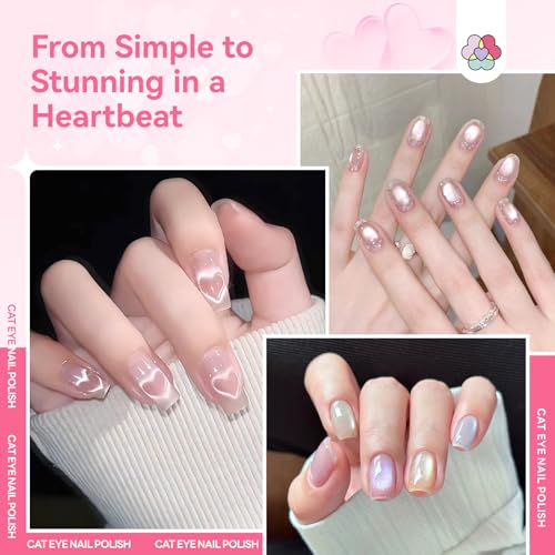 Image of SAVILAND Valentine Nail Polish Set: Quick Dry 6 Colors Cat Eye Nail Polish Shimmer Romantic Pink Series Magnetic Cateye Fingernail Polish with Magnet Stick DIY Manicure Gift for Women Girls10ml