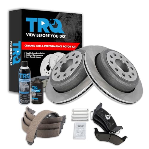 Image of TRQ Rear Brake Pad & Rotor Kit, with Chemical Kit Parking Brake Shoe Set Ceramic Compatible with 2003-2004 Lincoln Town Car