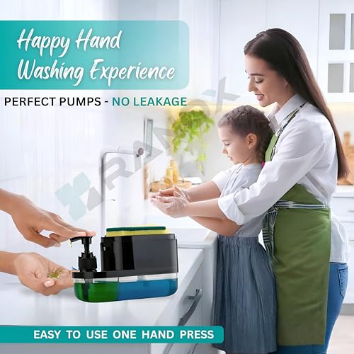 Image of Ranox Soap Dispenser for Kitchen Sink Accessories, Dish Wash Liquid Dispenser Pump 400ml with Sponge Holder, Bathroom Soap Dispensers, Kitchen Sink Organizer (Black (3 in 1))