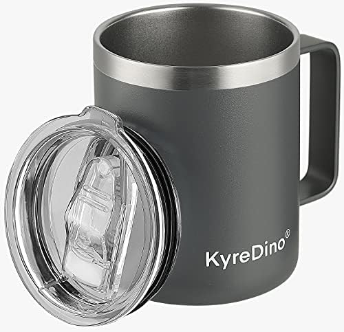 KyreDino 12 oz Stainless Steel Insulated Coffee Mug with Lid and Handle, Double Wall Vacuum Insulated Coffee Travel Mug, Powder Coated Charcoal Grey