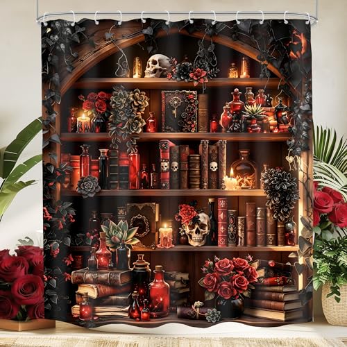 Mitpok Gothic Skull Witchy Spooky Burgundy Red Bathroom Shower Curtain Set