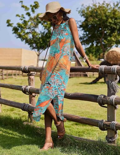 Image of Zeagoo Women Floral Summer Casual Beach Printed Tank Dress with Pockets Pleated Front Long Dress