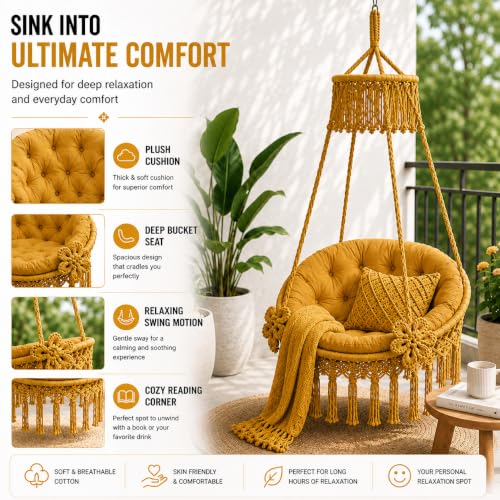 Image of Premium King Size Hammock Chair Swing with Cushion, 200kg Capacity | Indoor Outdoor Heavy Duty Adults & Kids Hanging Jhula for Home, Garden, Patio & Balcony | 1 Year Warranty (Yellow)