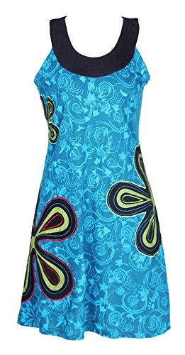 Vestido azul sem mangas para mulher com flor e remendos bordados, azul