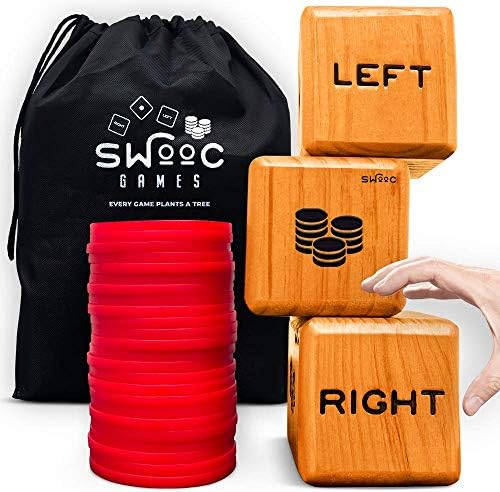SWOOC Games - Giant Right Center Left Dice Game (All Weather) with 24 Large Chips & Carry Bag - Jumbo Wooden Lawn Game - Big Backyard Game for Family - Indoor / Outdoor