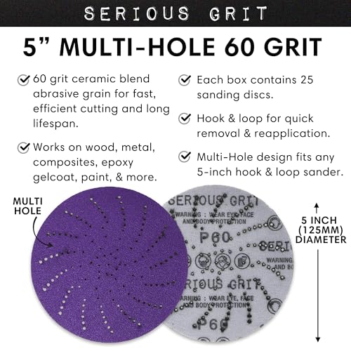 Image of Serious Grit - 5-Inch P60 Grit Ceramic Multi-Hole Sanding Discs - 25 Pack | Fits 5 inch Hook & Loop Sanders - Universal Dust Extraction Pattern - Film-Backed Heavy-Duty Sandpaper for Wood, Metal & Paint