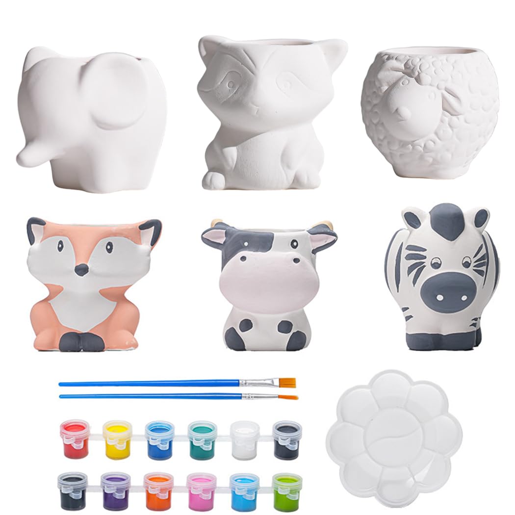Latemeia Ceramic Pots for Plants - 6 Animal DIY Flower Pots with Acrylic Paints, Brushes & Palette, Cute Planter for Succulents, Herbs, Home Decor or Kids Crafts, Décoration de jardin