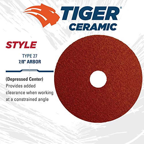 Image of Weiler 69852 Tiger Ceramic Alumina Resin Fiber Sanding & Grinding Disc, 4-1 /2 inch Diameter, 50 Grit, 7 /8 inch Arbor Hole (Pack of 25)