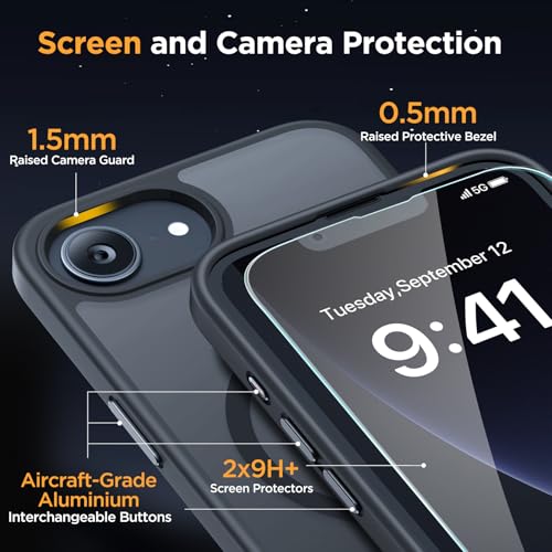 Image of Miracase for iPhone 16e case & iPhone 17e Case for MagSafe [with 2x9H+ Screen Protectors] TOP Military-Grade Protection Shockproof with Velvet Touch for iPhone 16e /17e Phone Case 6.1 inch, Matte Black