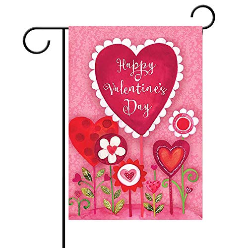 Happy Valentine's Day Love Heart Flowers Pink Double Sided House Flag Garden Banner 28" X 40", Sweet Valentine Day Rose Floral Spring Welcome Garden Flags For Anniversary Yard Outdoor Decoration #TOP4