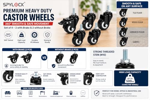 Image of Heavy Duty Castor Wheels Furniture | Set of 4 Heavy Duty Caster Wheels with Brake & Without Brake | M10 Threaded Stem Swivel Castor Wheels | 360 Rotation | Trolley,
