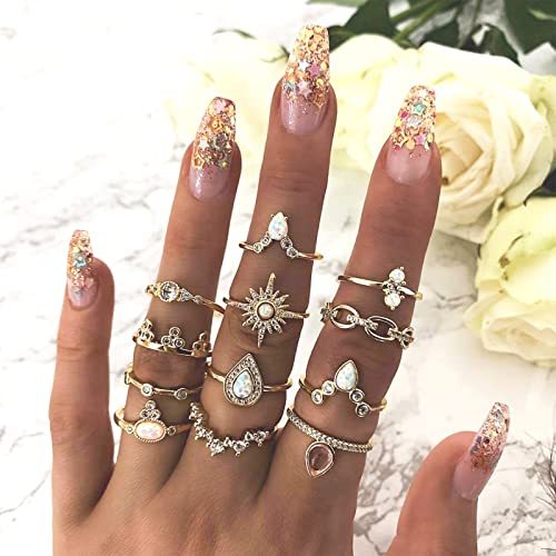 Stackable Rings Set For Teen Girls Boho Knuckle Rings Wave Turquoise Finger Rings Vintage Aesthetic Rings For Women(Stackable Rings C-10Pcs) #TOP3