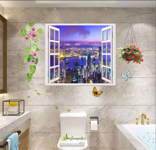 Thnwsy Self-Adhesive Wall Sticker Romantic Living Room Bedroom Study Office Decorative Wall Sticker Ocean Scenery Fake Window Sticker Mural (17.3"×27.6", City Night) #TOP1