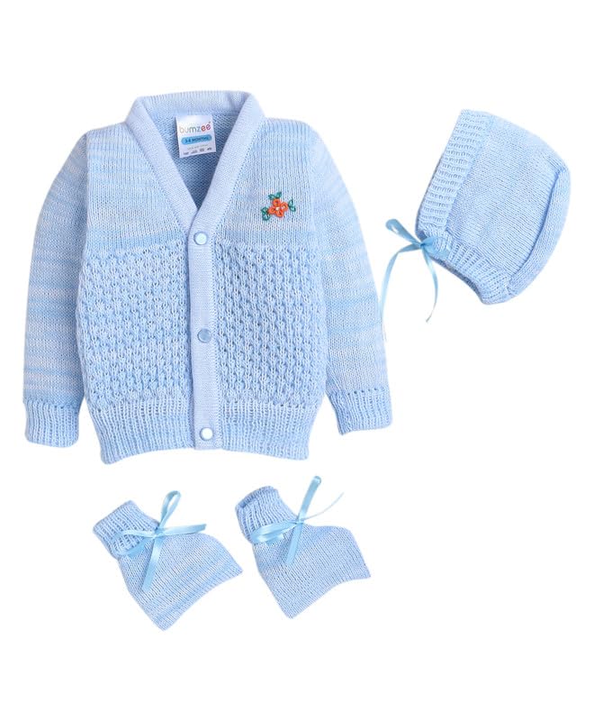 BUMZEE Blue Baby Boys Full Sleeves Woolen Sweater with Cap & Socks (Peb10058)