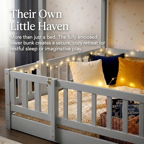 Image of YOPTO Twin Over Full Bunk Bed with Slide,Storage Staircase & Safety Guardrails,Wooden Bunk Bed w /Slat Support,Space Saving,Bedframe Furniture for Student Dorms,Studio,Grey