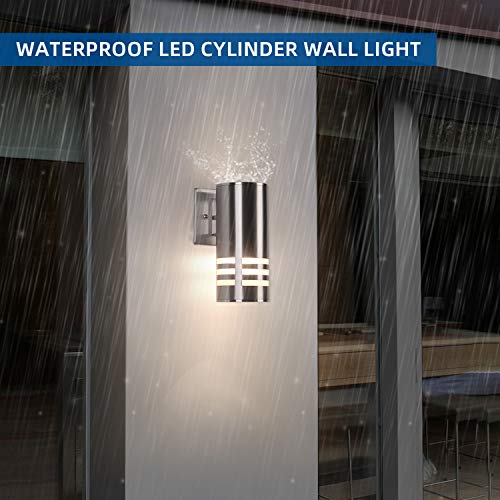 Outdoor Wall Sconce,Cylinder Wall Light With Stainless Steel 304 And Toughened Glass,Waterproof Up Down Light For Garden Patio Bedroom Living Room (Silver, 8.7" Height,No Bulbs) #TOP3