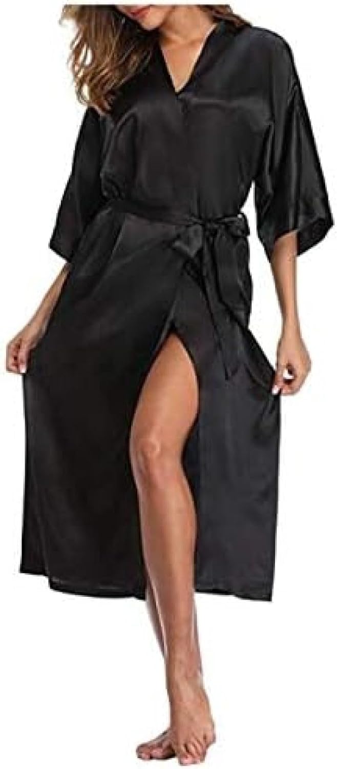セクシーな女性シルク女性花嫁介添人バスローブ着物女性,黒,3XL