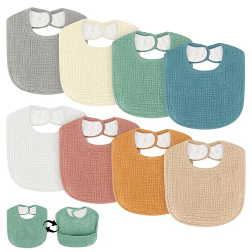 Image of COMFYROLL Drool Bibs for Baby Boys & Girls, 8 Pack Muslin Baby Bibs for Drooling and Teething with Hidden Pocket, Soft Cotton, Extra Absorbent, Mess-proof, for Toddler, Newborn, Infant