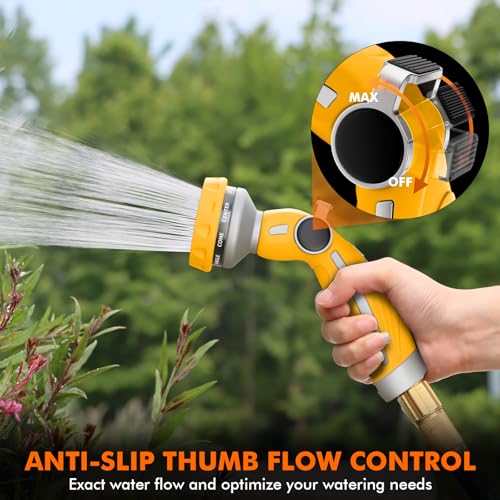Image of RESTMO Hose Nozzle Heavy Duty, Metal Water Hose Sprayer for Garden | 9 Spray Patterns, High Pressure, Thumb Flow Control, On /Off Valve, Ideal for Outdoor Lawn & Plant, Car & Pet, Yellow