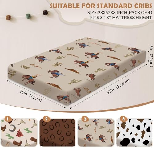 Image of 4 Pack Western Cowboy Crib Sheets Set - Fits Standard 52 inchx28 inchx8 inch Crib & Toddler Mattress, Soft Breathable Polyester Baby Nursery Bedding, Cowboy Cow Print Fitted Sheets for Boys
