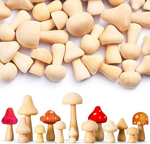 40 Pcs Unfinished Wooden Mushroom Natural Mini Wood Mushrooms Various Sizes Wood Mushroom Figures for Arts and Crafts, DIY Projects Ornaments Paint Color Home Desk Bookshelves Decoration