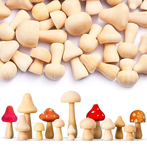 Vicenpal 40 Pcs Unfinished Wooden Mushroom Natural Mini Wood Mushrooms for Arts and Crafts, DIY Projects Ornaments Paint Color Home Desk Bookshelves Decoration