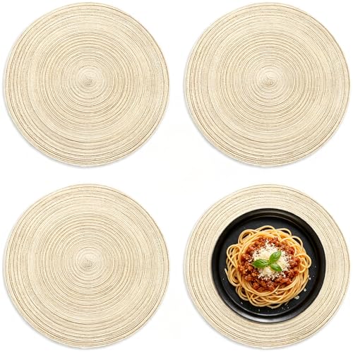 Image of Table Mats Set of 4, 34cm Round Cotton Braided Woven Placemats, Heat Resistant Non-Slip, Machine Washable, Thick for Dining, Outdoor, Garden Table (Beige)